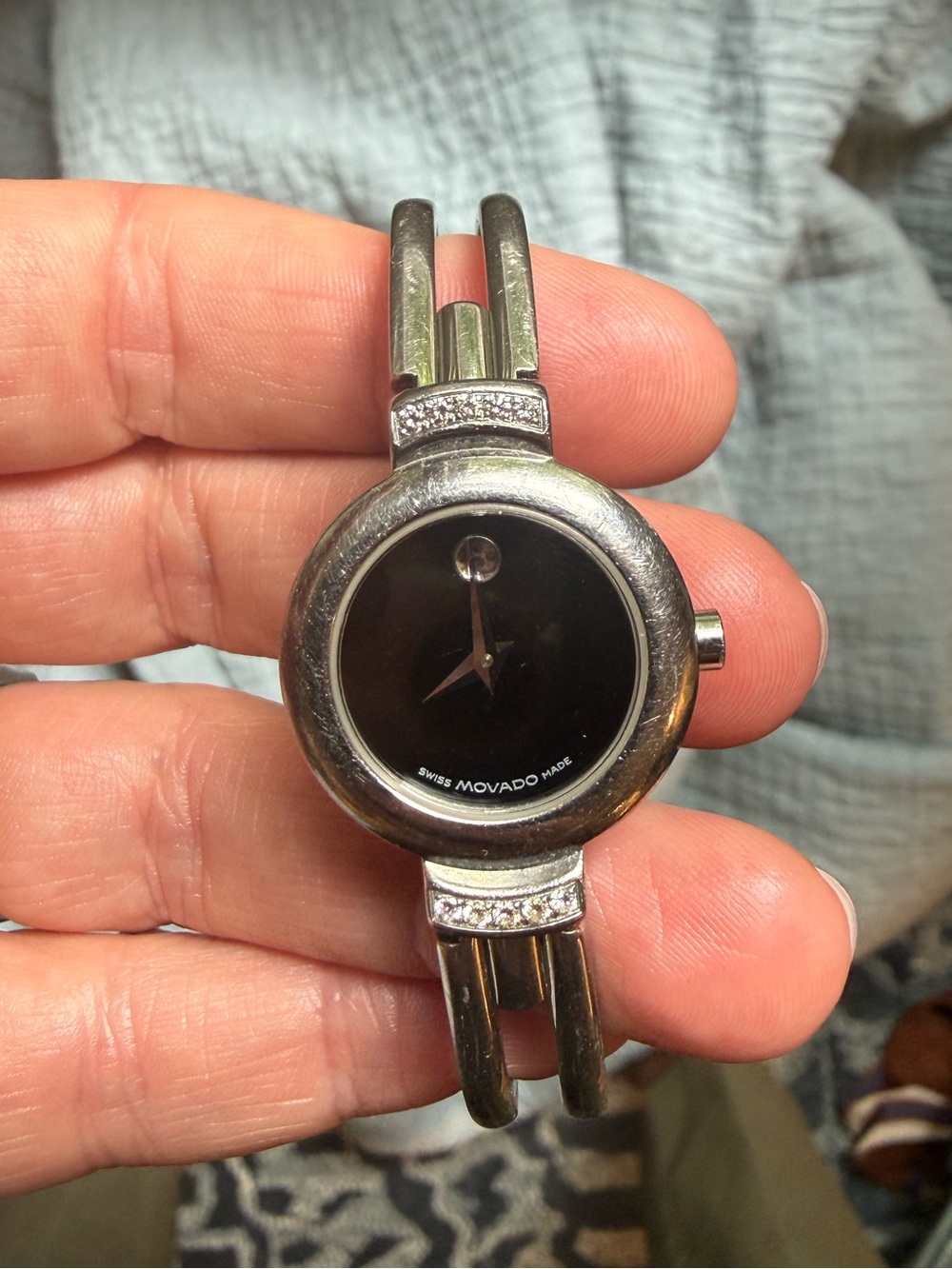 Authentic Movado Silver and Black Women's Bangle Watch with Diamonds
